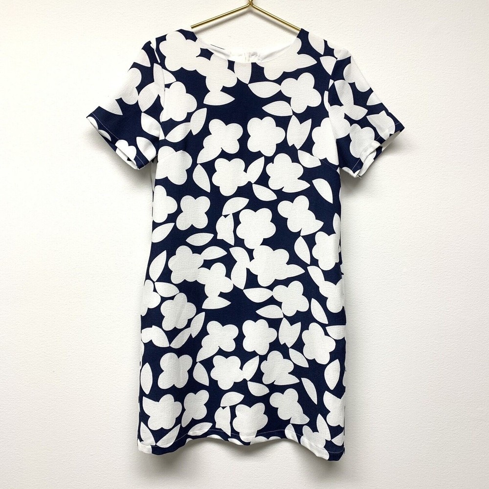 Pink Martini Short Sleeve Sheath Dress Size Small Pockets Navy Blue Crepe Floral